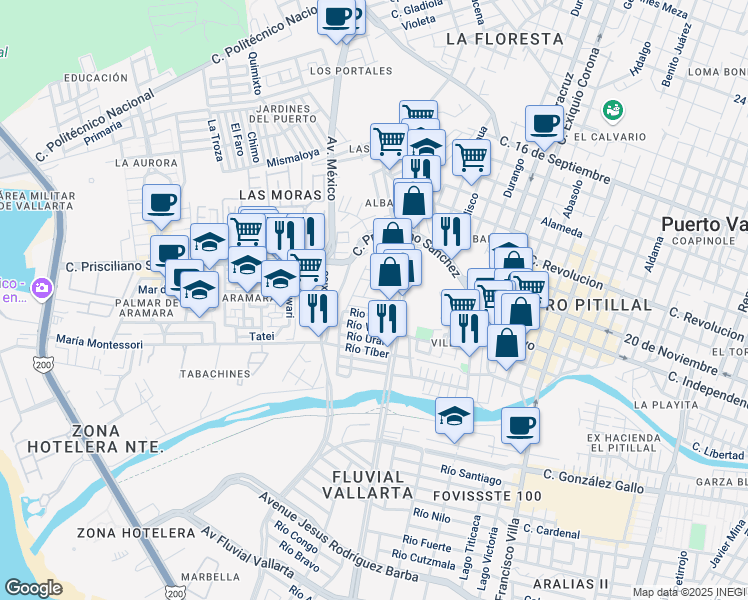 map of restaurants, bars, coffee shops, grocery stores, and more near 10 Avenida de los Grandes Lagos in Puerto Vallarta