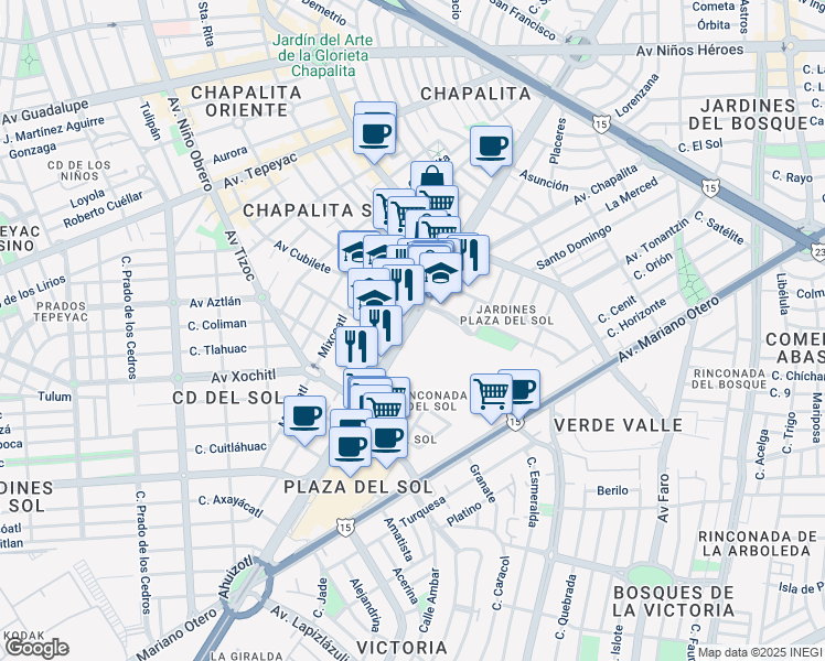 map of restaurants, bars, coffee shops, grocery stores, and more near 2121 Avenida Adolfo López Mateos Sur in Zapopan