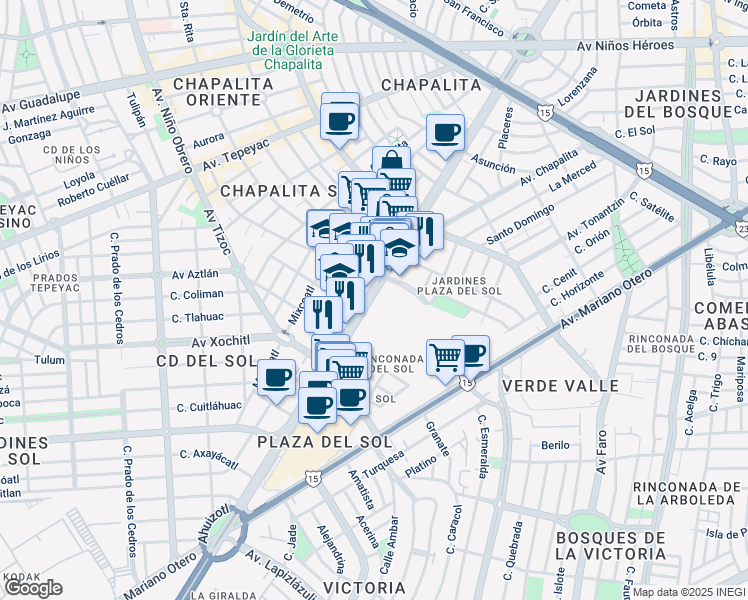 map of restaurants, bars, coffee shops, grocery stores, and more near 2121 Avenida Adolfo López Mateos Sur in Zapopan