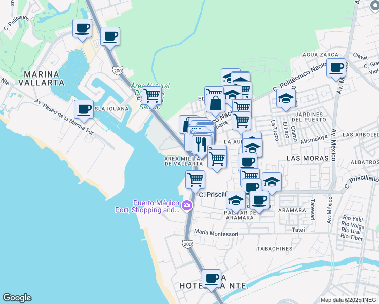 map of restaurants, bars, coffee shops, grocery stores, and more near Boulevard Francisco Medina Ascencio in Puerto Vallarta