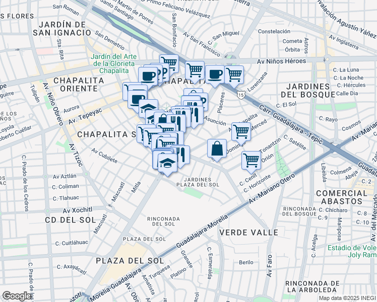 map of restaurants, bars, coffee shops, grocery stores, and more near 1436 Avenida Chapalita in Guadalajara