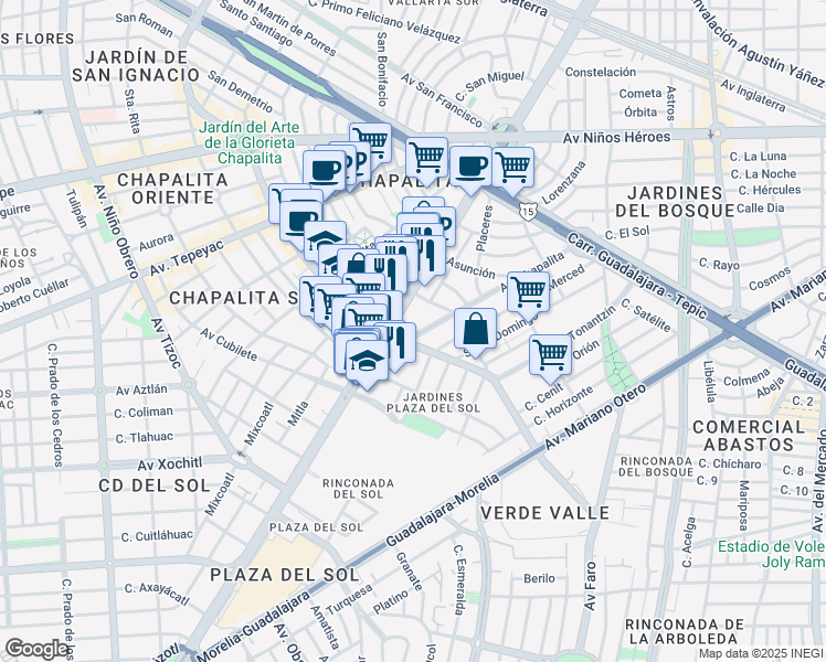map of restaurants, bars, coffee shops, grocery stores, and more near 1436 Avenida Chapalita in Guadalajara