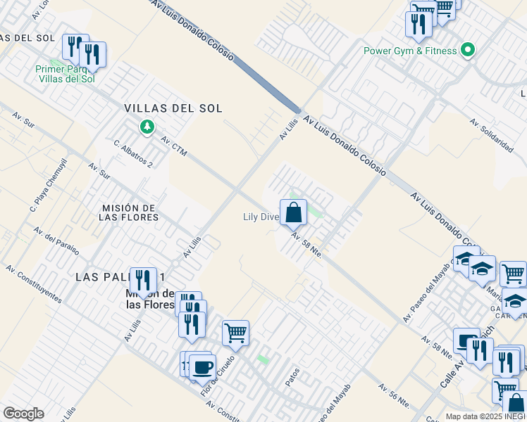 map of restaurants, bars, coffee shops, grocery stores, and more near Avenida CTM in Playa del Carmen