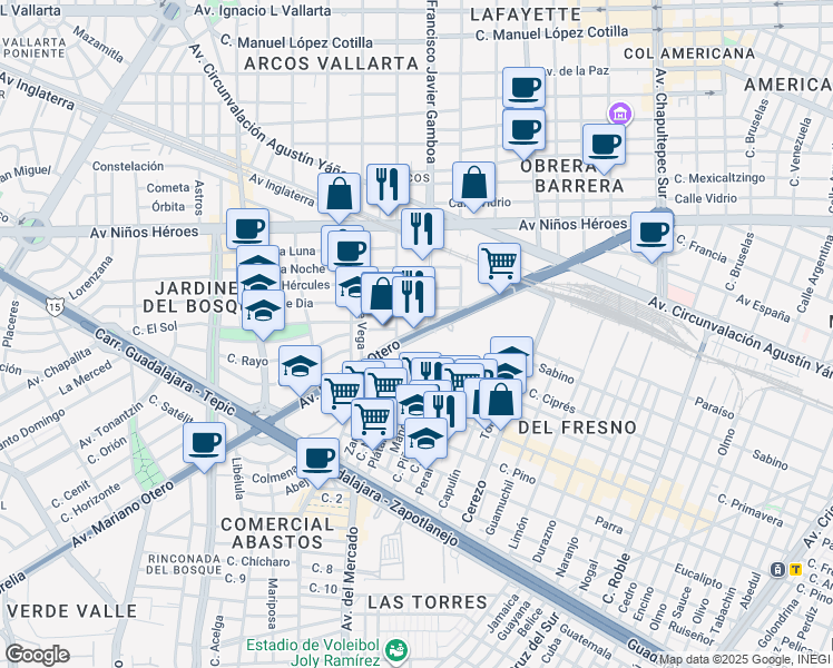 map of restaurants, bars, coffee shops, grocery stores, and more near 1390 Avenida Mariano Otero in Guadalajara