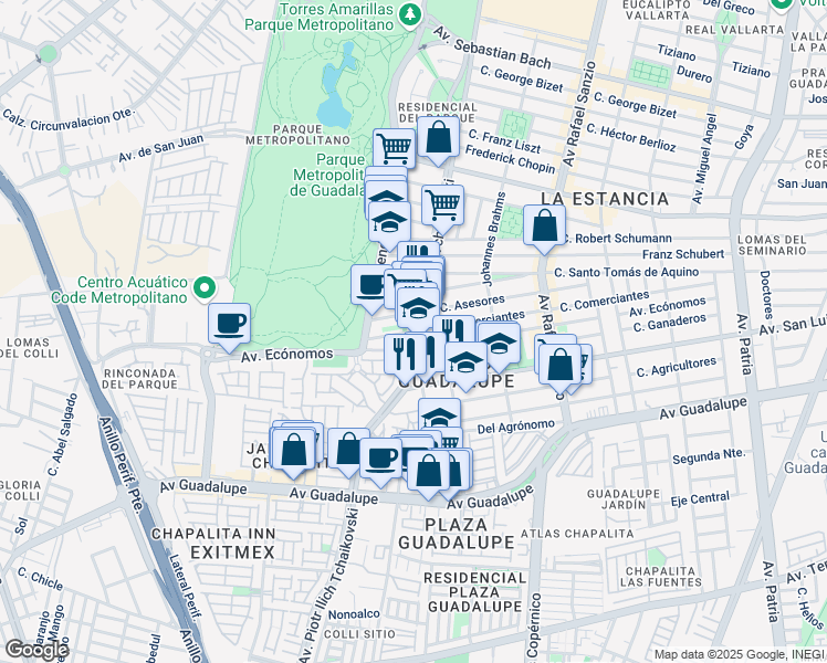 map of restaurants, bars, coffee shops, grocery stores, and more near Avenida Piotr Ilich Tchaikovski in Zapopan
