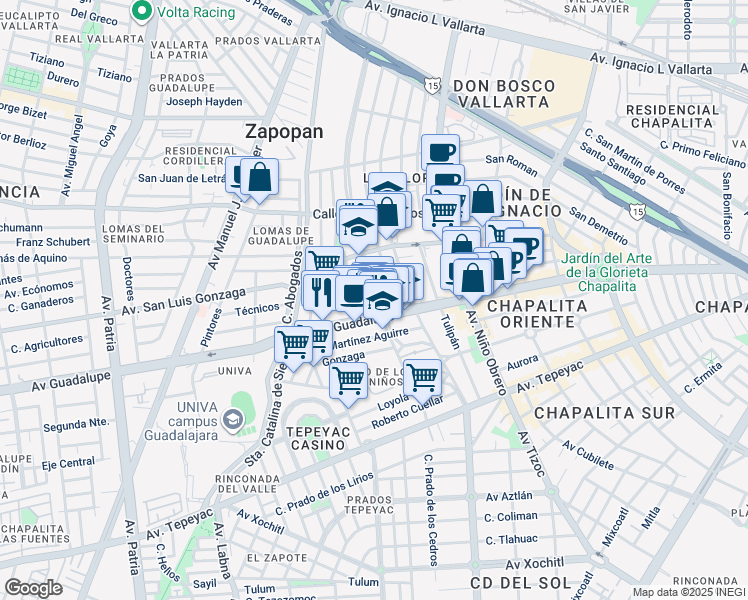 map of restaurants, bars, coffee shops, grocery stores, and more near Santa Teresa de Jesús in Zapopan