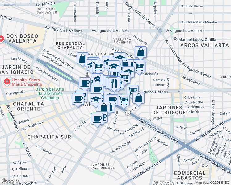 map of restaurants, bars, coffee shops, grocery stores, and more near 420 Avenida Guadalupe in Guadalajara