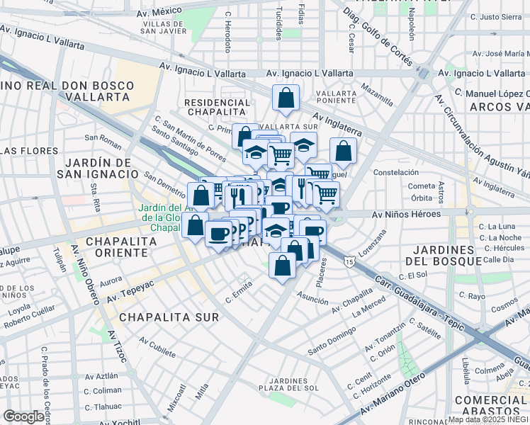 map of restaurants, bars, coffee shops, grocery stores, and more near 420 Avenida Guadalupe in Guadalajara