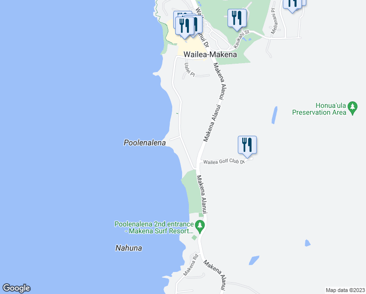 map of restaurants, bars, coffee shops, grocery stores, and more near 4610 Makena Road in Kihei