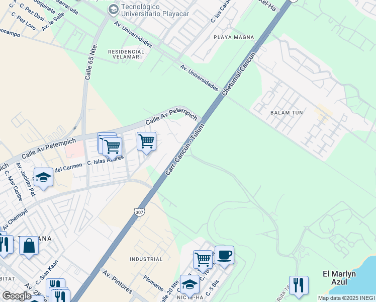 map of restaurants, bars, coffee shops, grocery stores, and more near km 294 Carretera Federal 307 in Playa del Carmen