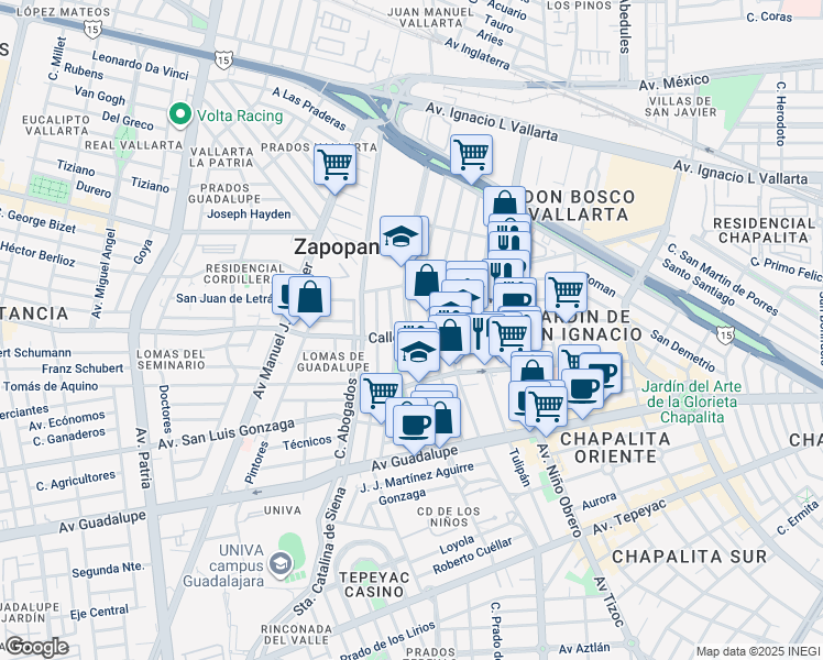 map of restaurants, bars, coffee shops, grocery stores, and more near Santa Teresa de Jesús in Zapopan