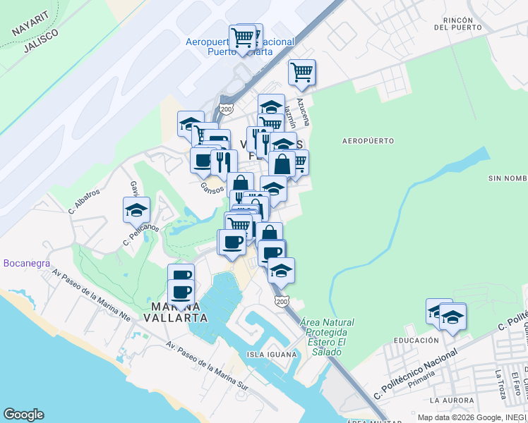map of restaurants, bars, coffee shops, grocery stores, and more near 133 Industrias in Puerto Vallarta