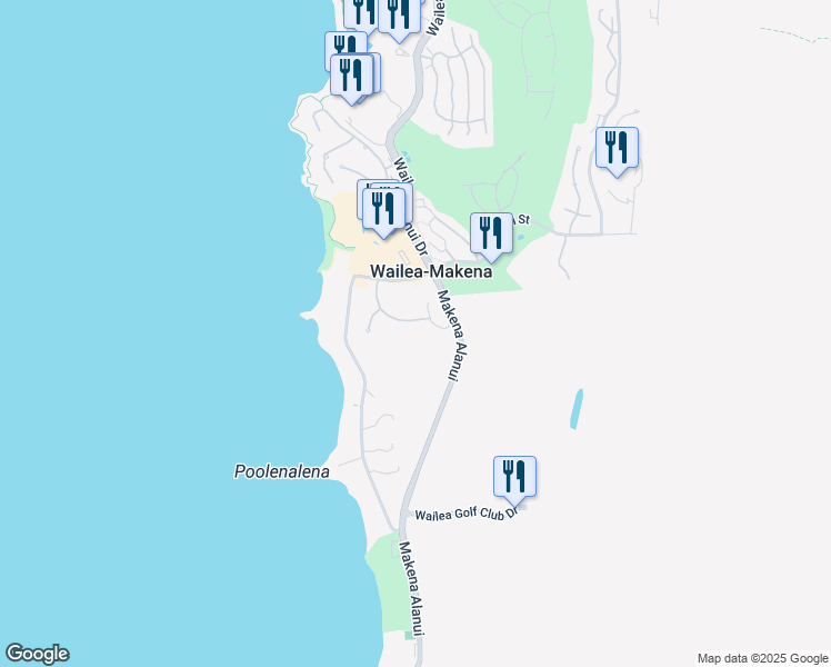 map of restaurants, bars, coffee shops, grocery stores, and more near 30 Ualei Place in Kihei