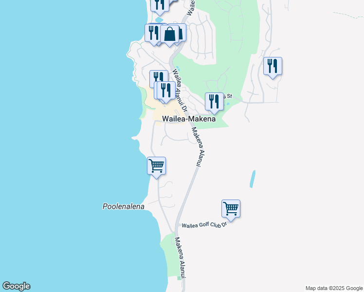 map of restaurants, bars, coffee shops, grocery stores, and more near 30 Ualei Place in Kihei
