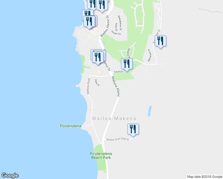map of restaurants, bars, coffee shops, grocery stores, and more near 34 Ualei Place in Kihei