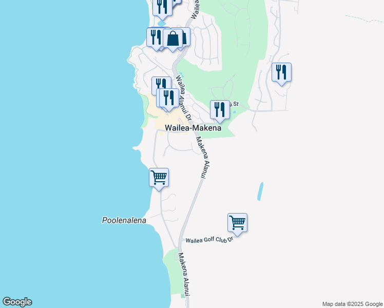 map of restaurants, bars, coffee shops, grocery stores, and more near 34 Ualei Place in Kihei