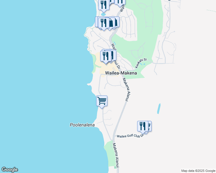 map of restaurants, bars, coffee shops, grocery stores, and more near 18 Ualei Place in Kihei