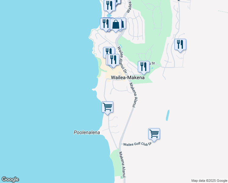 map of restaurants, bars, coffee shops, grocery stores, and more near 18 Ualei Place in Kihei