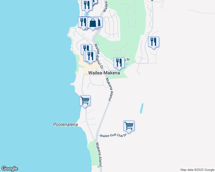 map of restaurants, bars, coffee shops, grocery stores, and more near 38 Ualei Place in Kihei