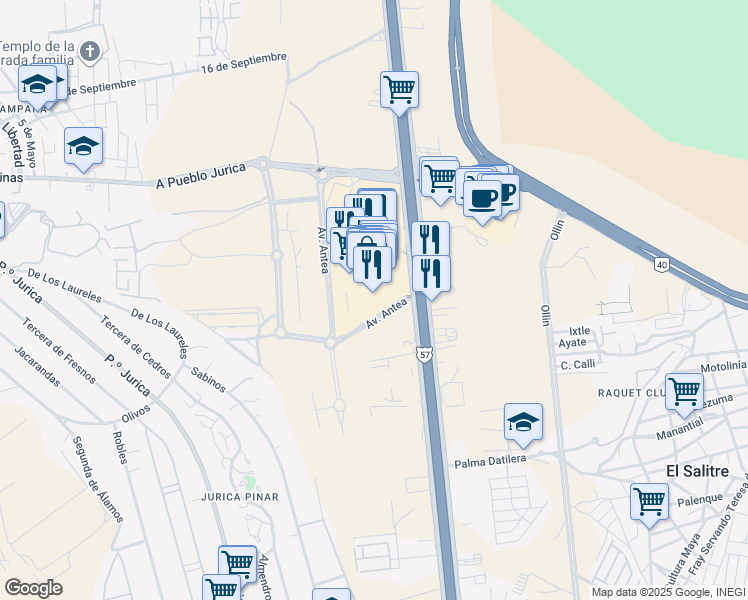 map of restaurants, bars, coffee shops, grocery stores, and more near 12401 San Luis Potosí - Santiago de Querétaro in El Salitre