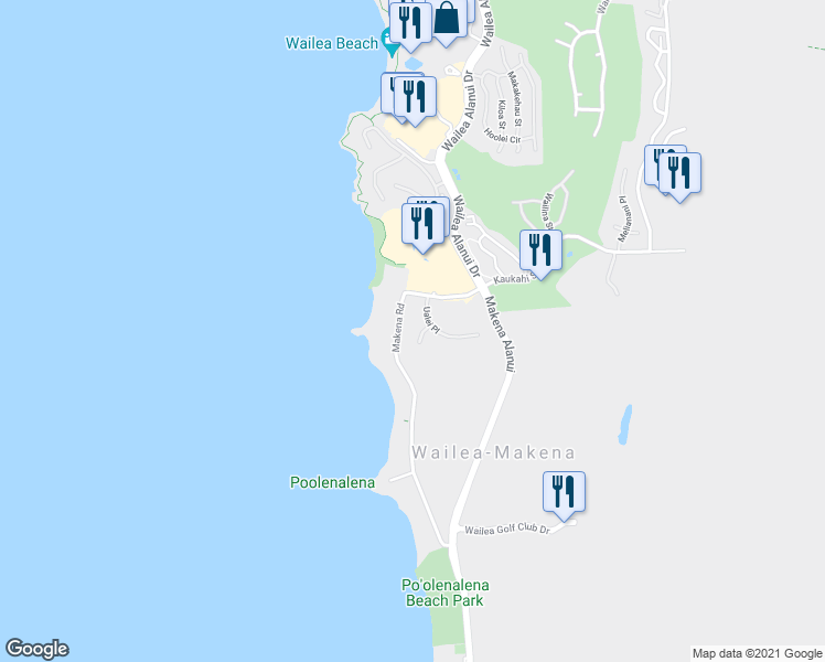 map of restaurants, bars, coffee shops, grocery stores, and more near 12 Pohuehue Place in Kihei