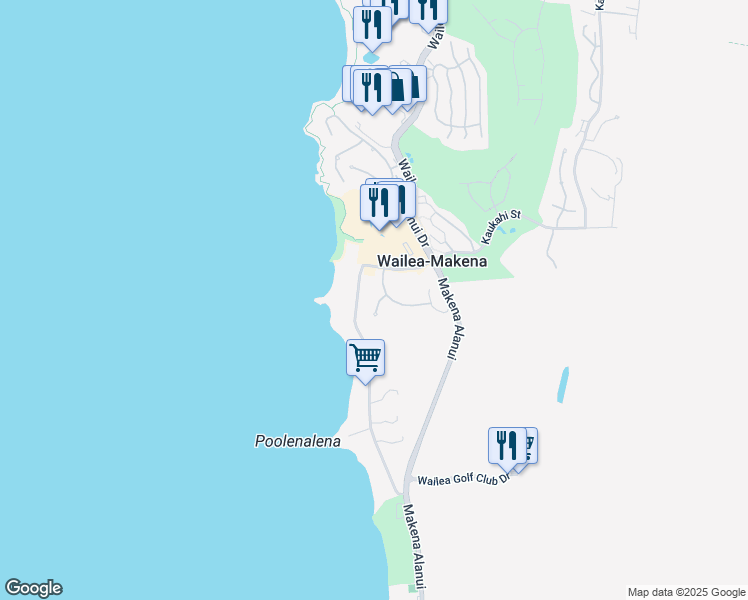 map of restaurants, bars, coffee shops, grocery stores, and more near 12 Pohuehue Place in Kihei