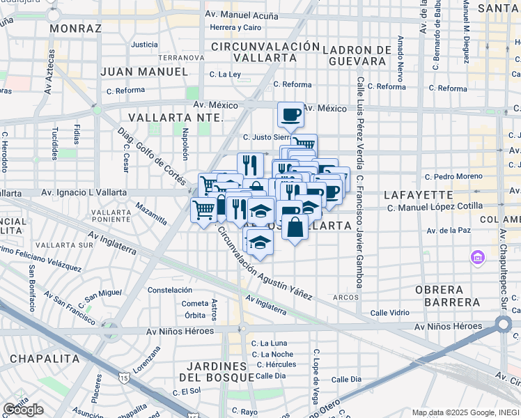 map of restaurants, bars, coffee shops, grocery stores, and more near 2178 Calle Manuel López Cotilla in Guadalajara