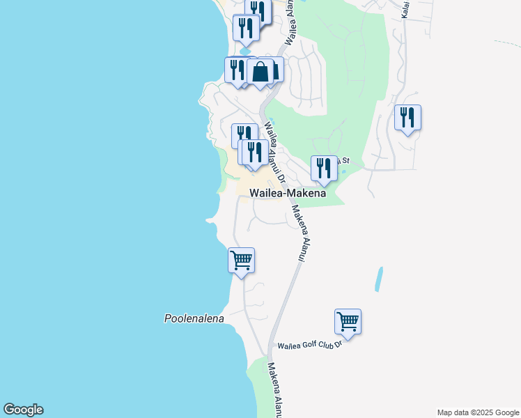 map of restaurants, bars, coffee shops, grocery stores, and more near 21 Ualei Place in Kihei
