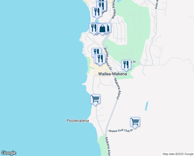 map of restaurants, bars, coffee shops, grocery stores, and more near 10 Ualei Place in Kihei