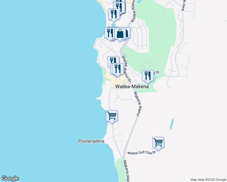 map of restaurants, bars, coffee shops, grocery stores, and more near 10 Ualei Place in Kihei