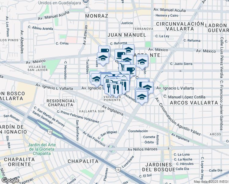 map of restaurants, bars, coffee shops, grocery stores, and more near 2482 Plazuela Vallarta in Guadalajara