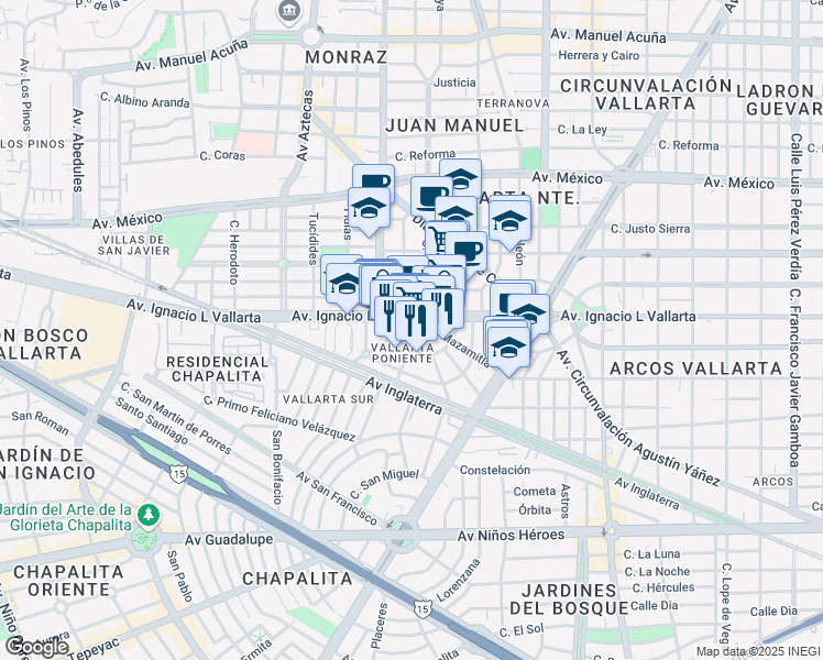 map of restaurants, bars, coffee shops, grocery stores, and more near 3250 Plazuela Vallarta in Guadalajara