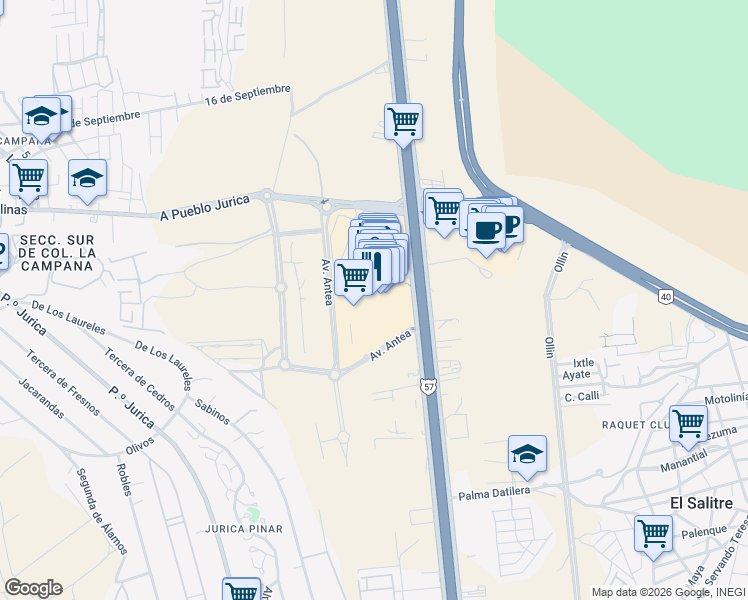 map of restaurants, bars, coffee shops, grocery stores, and more near 12401 San Luis Potosí - Santiago de Querétaro in El Salitre