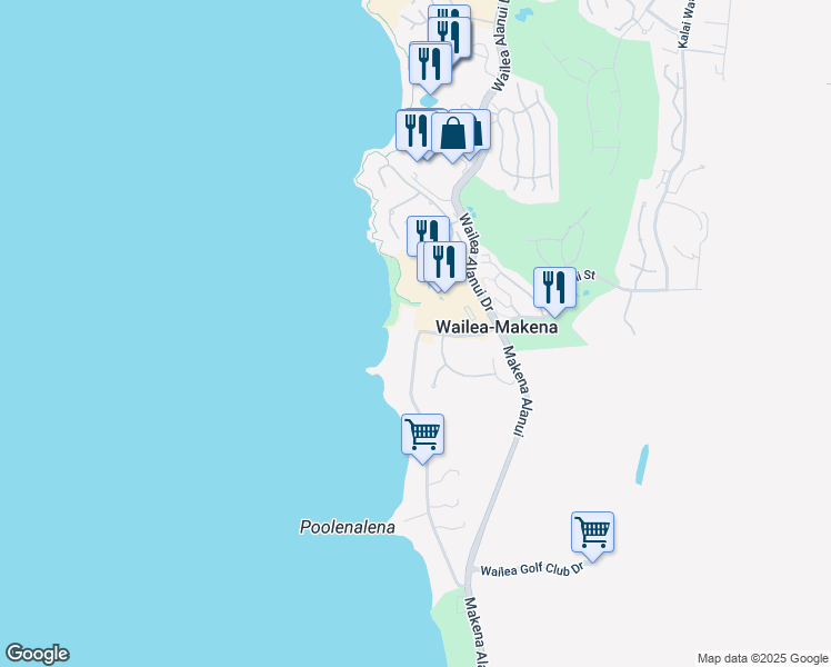 map of restaurants, bars, coffee shops, grocery stores, and more near 4400 Makena Road in Kihei