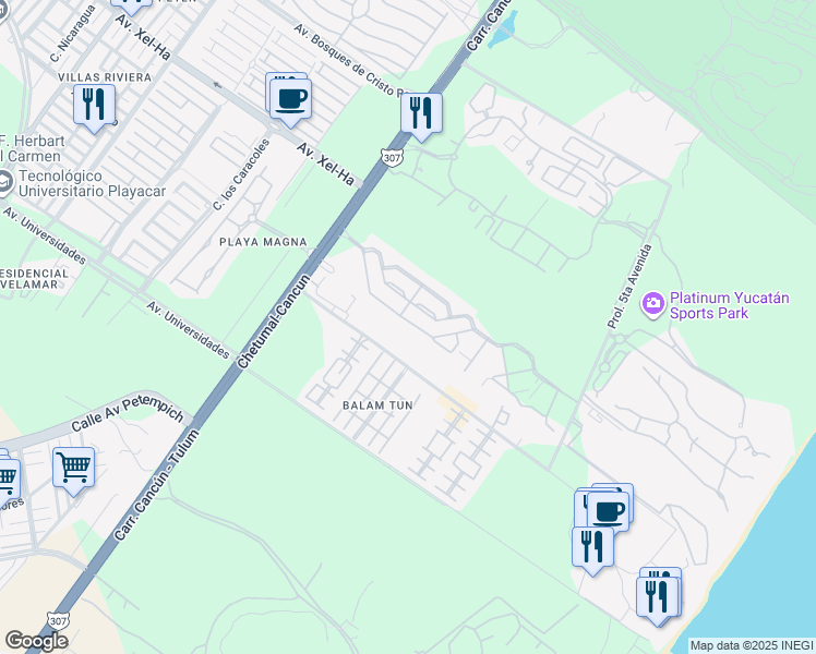 map of restaurants, bars, coffee shops, grocery stores, and more near Amanecer in Playa del Carmen