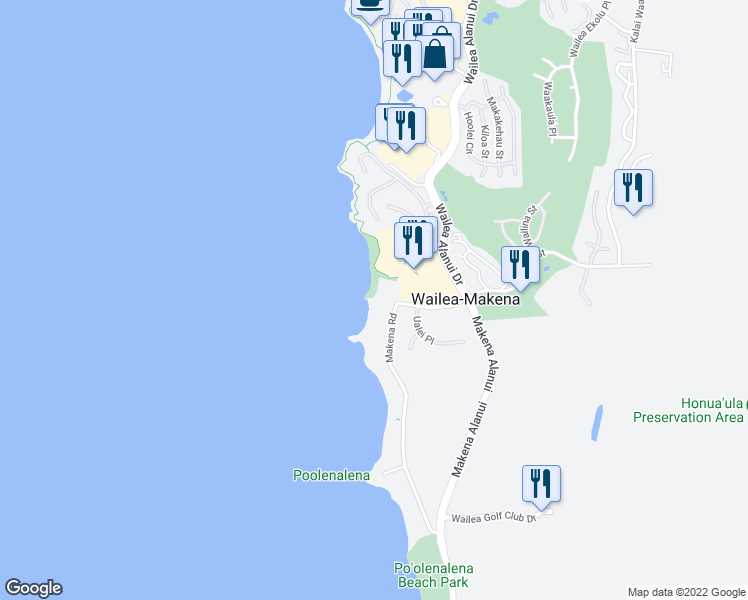 map of restaurants, bars, coffee shops, grocery stores, and more near 4406 Makena Road in Kihei