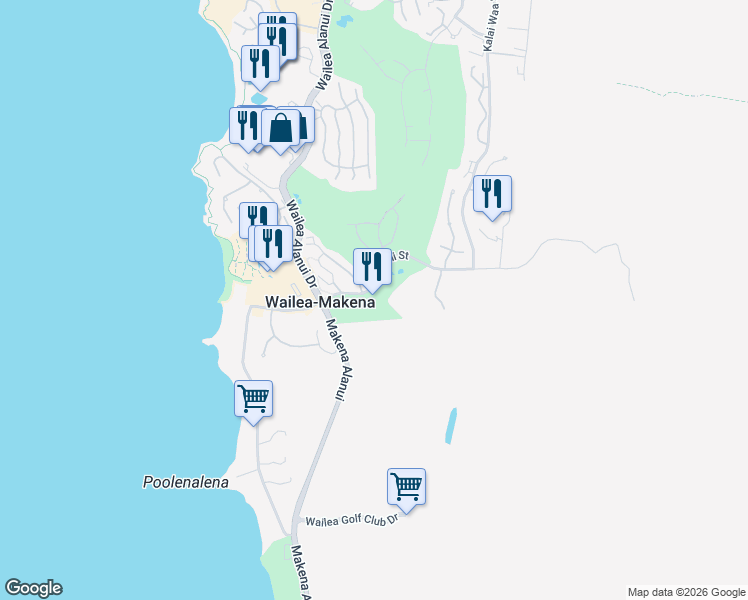 map of restaurants, bars, coffee shops, grocery stores, and more near 100 Kaukahi Street in Kihei