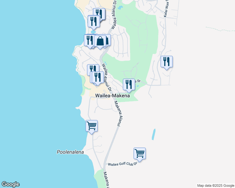 map of restaurants, bars, coffee shops, grocery stores, and more near 244 Holomoana Way in Wailea-Makena