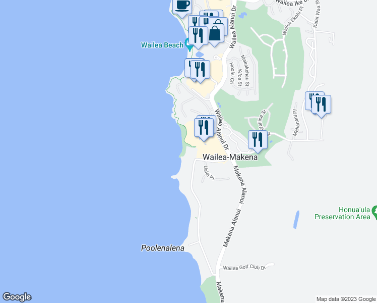 map of restaurants, bars, coffee shops, grocery stores, and more near 4400 Makena Road in Kihei