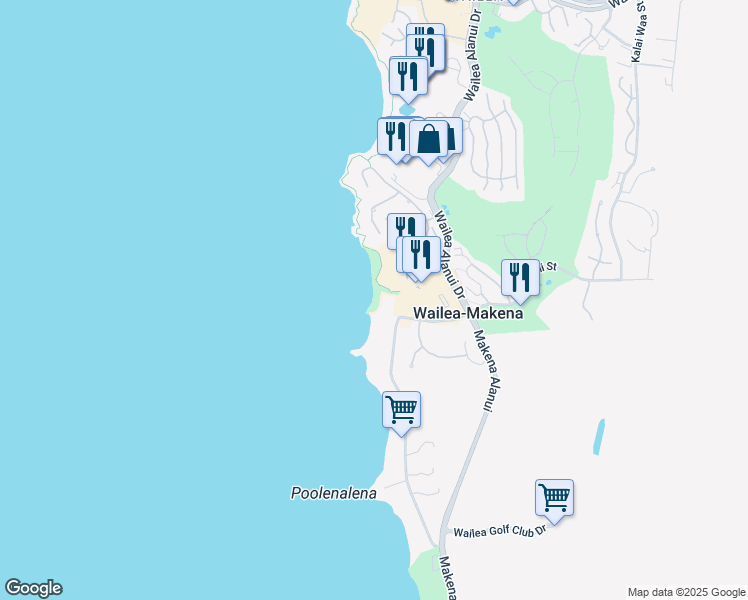 map of restaurants, bars, coffee shops, grocery stores, and more near 4400 Makena Road in Kihei