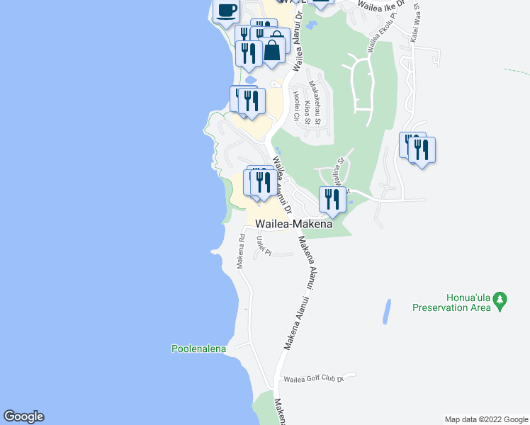 map of restaurants, bars, coffee shops, grocery stores, and more near 4100 Wailea Alanui Drive in Wailea-Makena