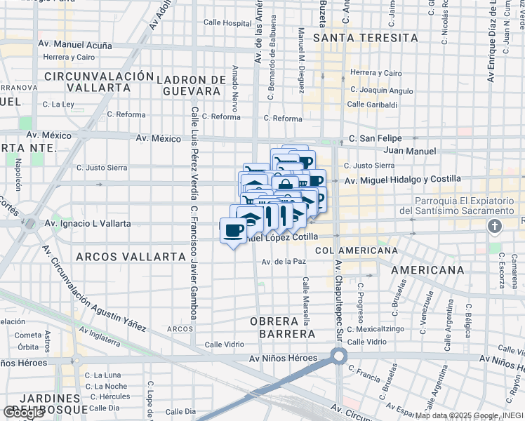 map of restaurants, bars, coffee shops, grocery stores, and more near 1775 Calle Pedro Moreno in Guadalajara