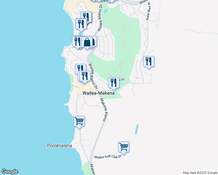 map of restaurants, bars, coffee shops, grocery stores, and more near 244 Holomoana Way in Wailea-Makena