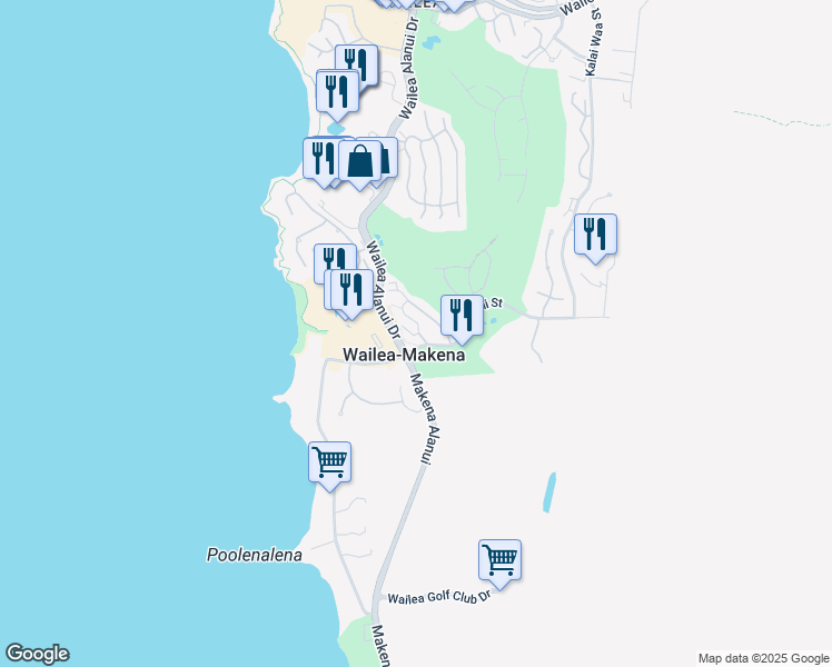 map of restaurants, bars, coffee shops, grocery stores, and more near 196 Holomoana Way in Wailea-Makena