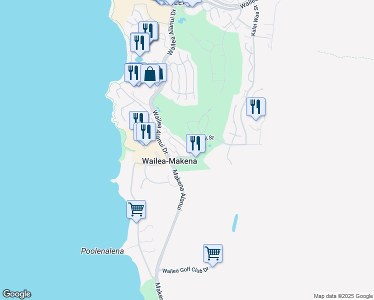 map of restaurants, bars, coffee shops, grocery stores, and more near 220 Holomoana Way in Wailea-Makena
