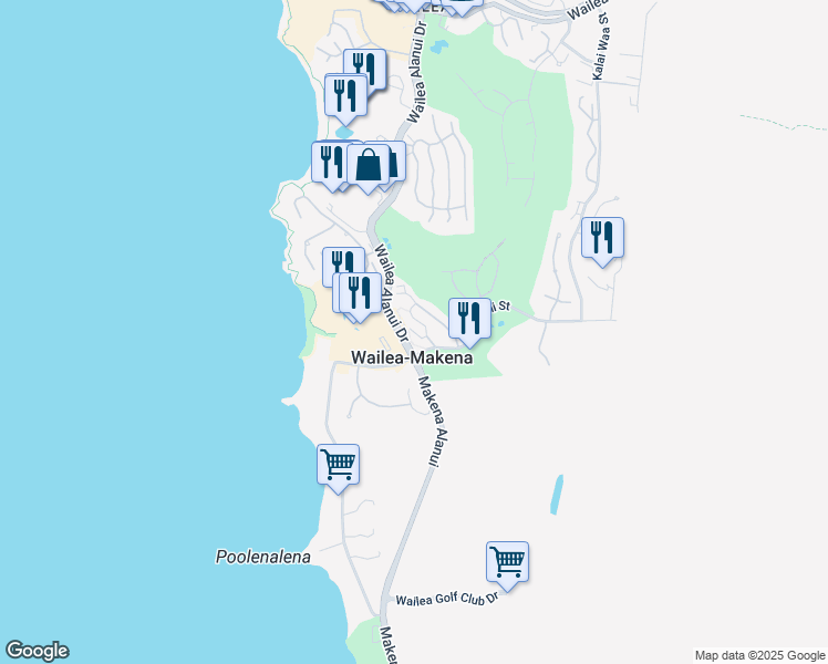 map of restaurants, bars, coffee shops, grocery stores, and more near 185 Holokahiki Lane in Wailea-Makena