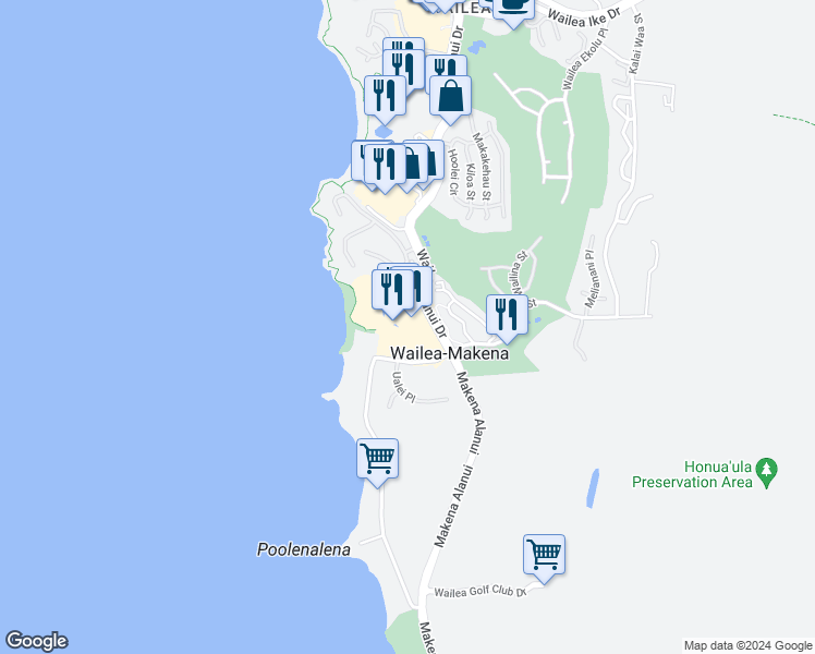 map of restaurants, bars, coffee shops, grocery stores, and more near 4100 Wailea Alanui Drive in Wailea-Makena