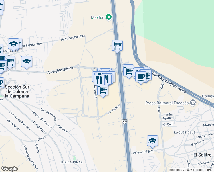 map of restaurants, bars, coffee shops, grocery stores, and more near 12401 San Luis Potosí - Santiago de Querétaro in El Salitre