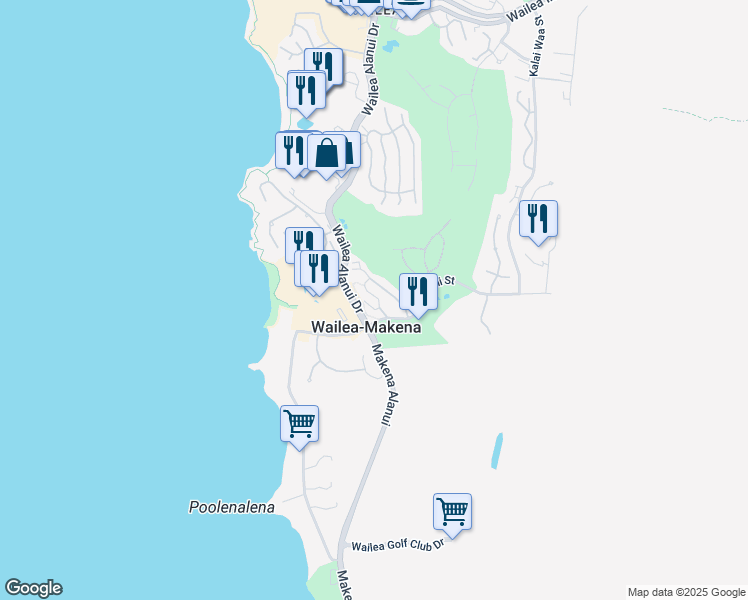 map of restaurants, bars, coffee shops, grocery stores, and more near 125 Holomoana Way in Wailea-Makena