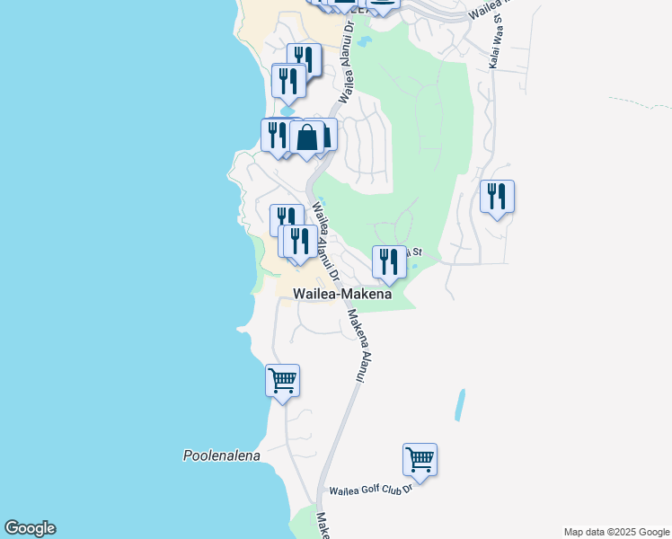 map of restaurants, bars, coffee shops, grocery stores, and more near 197 Holokahiki Lane in Wailea-Makena